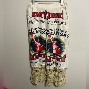 Liberty Blue Rose Rice Printed Wide-Leg Pants with Crochet Hem - White/Red/Blue
